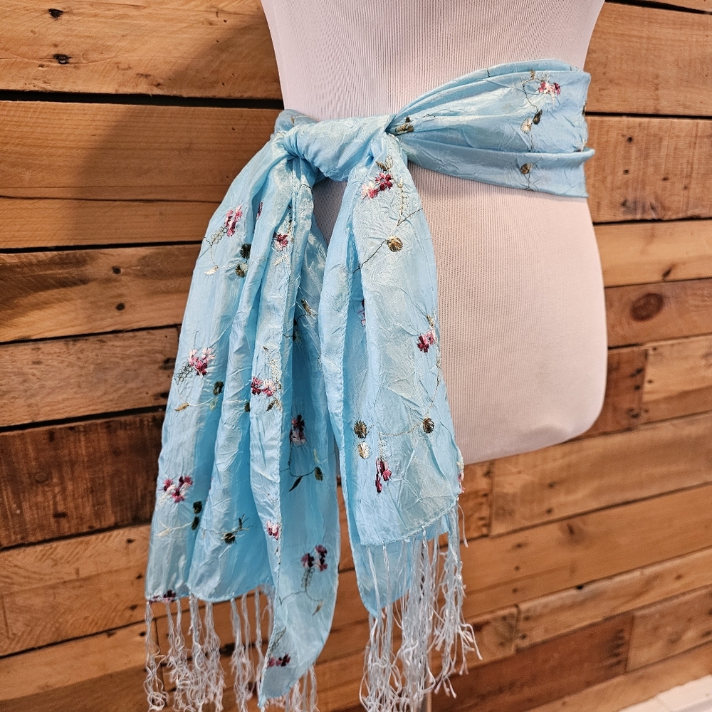 Aqua Blue Scarf/Wrap/Shawl w/ Embroidered Pink Flowers & Green Leaves 62" Long - Picture 5 of 13